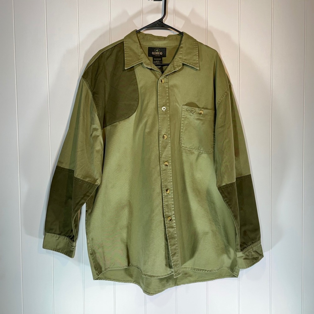 RedHead Mens XL Olive Green Cotton Canvas Shooting Hunting Shirt Elbow Patches